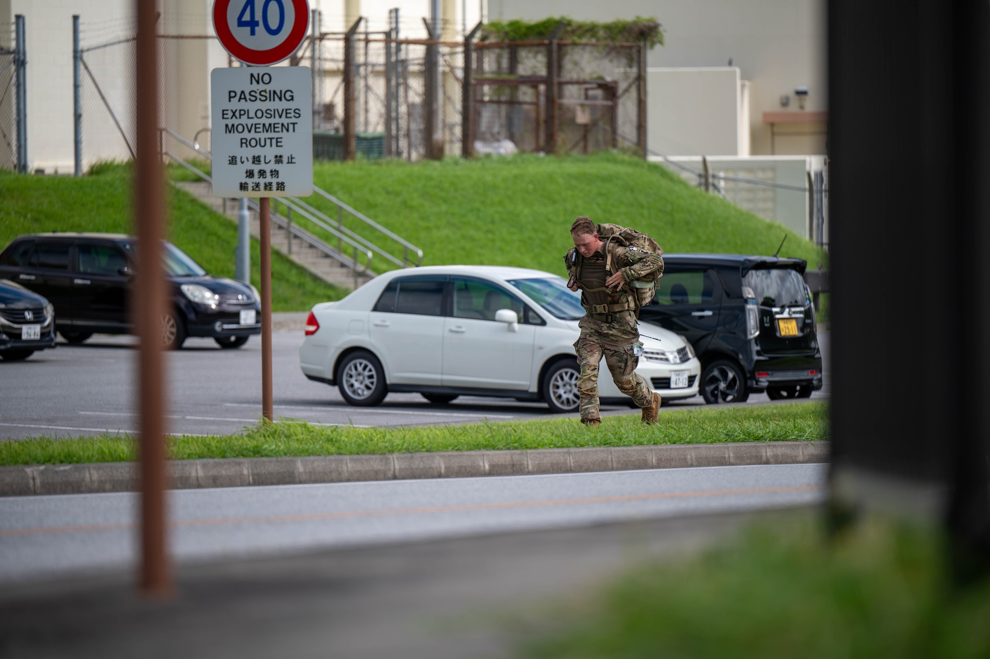 A U.S. service member rucks the final stretch of the Royal Danish Air Force Flyver March at Kadena Air Base, Japan, Aug. 29, 2026. The event is held at military installations around the world, allowing service members to participate in a shared tradition that originated with the Royal Danish Air Force. (U.S. Air Force photo by Airman 1st Class Nathaniel Jackson)