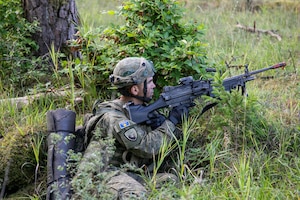 Kosovo Soldiers engage with U.S. Soldiers assigned to Joint Multinational Readiness Center's 1st Battalion, 4th Infantry Regiment, known as the opposition forces, at Hohenfels Training Area, during Saber Junction 26, Sep. 3, 2026. 7th Army Training Command provides a unique environment in Europe to develop leaders and formations who are prepared for large-scale combat operations, improving readiness. (U.S. Army photo by Cpl. Thomas Dixon)