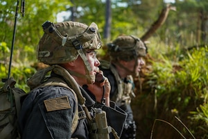 U.S. Soldiers assigned to Joint Multinational Readiness Center's 1st Battalion, 4th Infantry Regiment, known as the opposition forces, at Hohenfels Training Area, engages with the primary training audience during Saber Junction 26, Sep. 3, 2026. 7th Army Training Command provides a unique environment in Europe to develop leaders and formations who are prepared for large-scale combat operations, improving readiness. (U.S. Army photo by Pfc. Jermyiah Pangelinan)