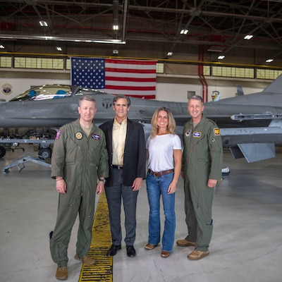 (From left) Gen. Dan Caine, chairman of the Joint Chiefs of Staff, retired Lt. Gen. Marc Sasseville, former vice chief of the National Guard Bureau, retired Maj. Heather Penney and Gen. Steve Nordhaus, chief of the National Guard Bureau, pose for a photo after discussing their experiences on September 11, 2001, and how the National Guard has evolved in the 25 years since.