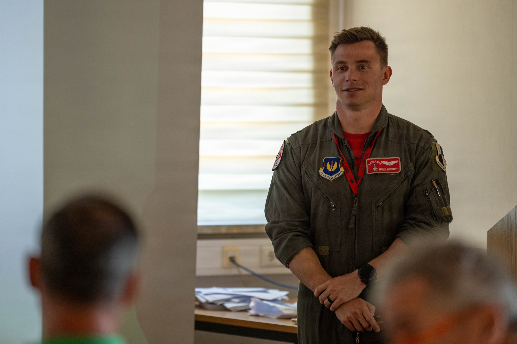 U.S. Air Force Capt. Ryan McDermott, a 480th Fighter Squadron flight safety officer, delivers a presentation during the Mid-Air Collision Avoidance (MACA) Conference.
