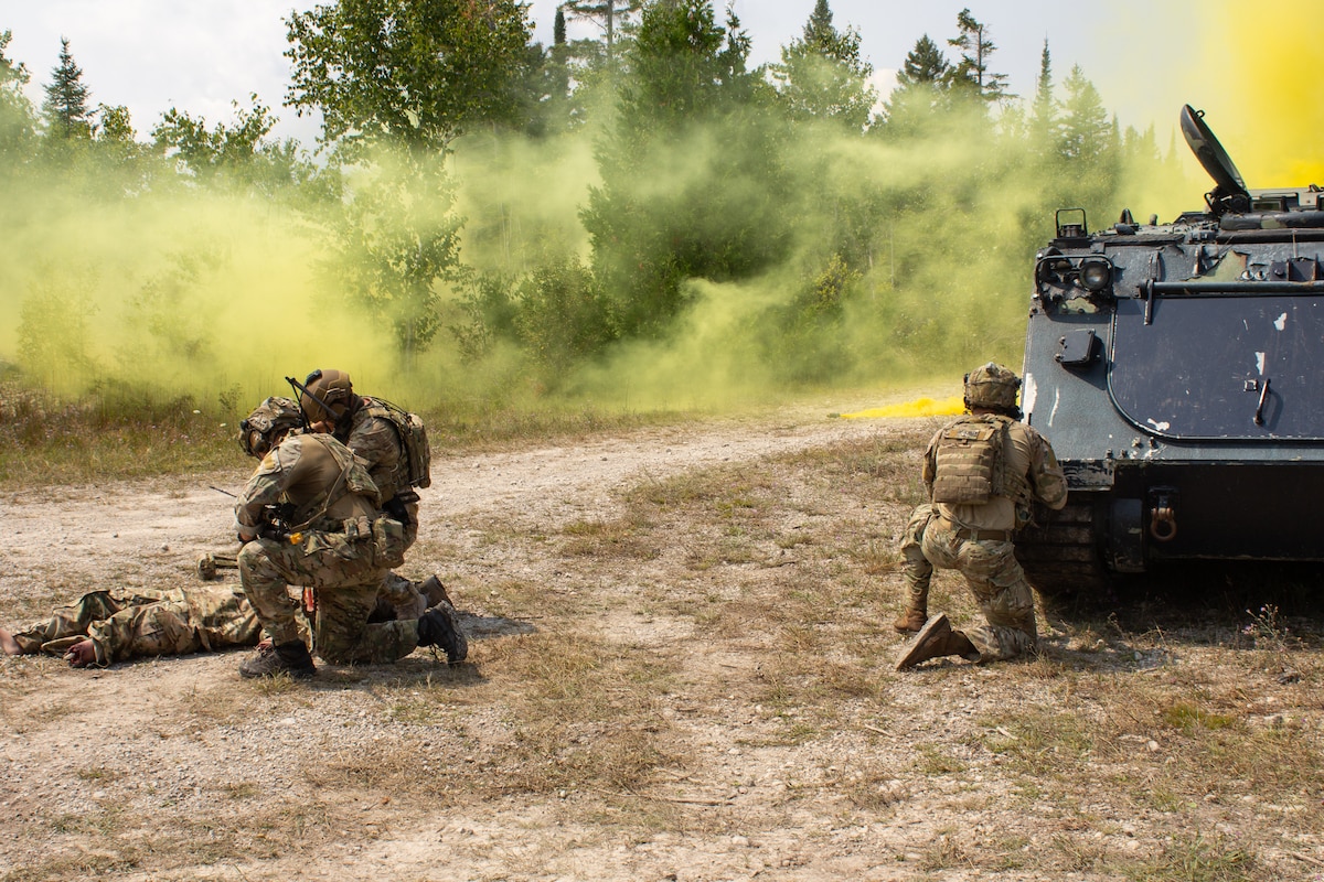Image of Soldiers training with smoke in the air.