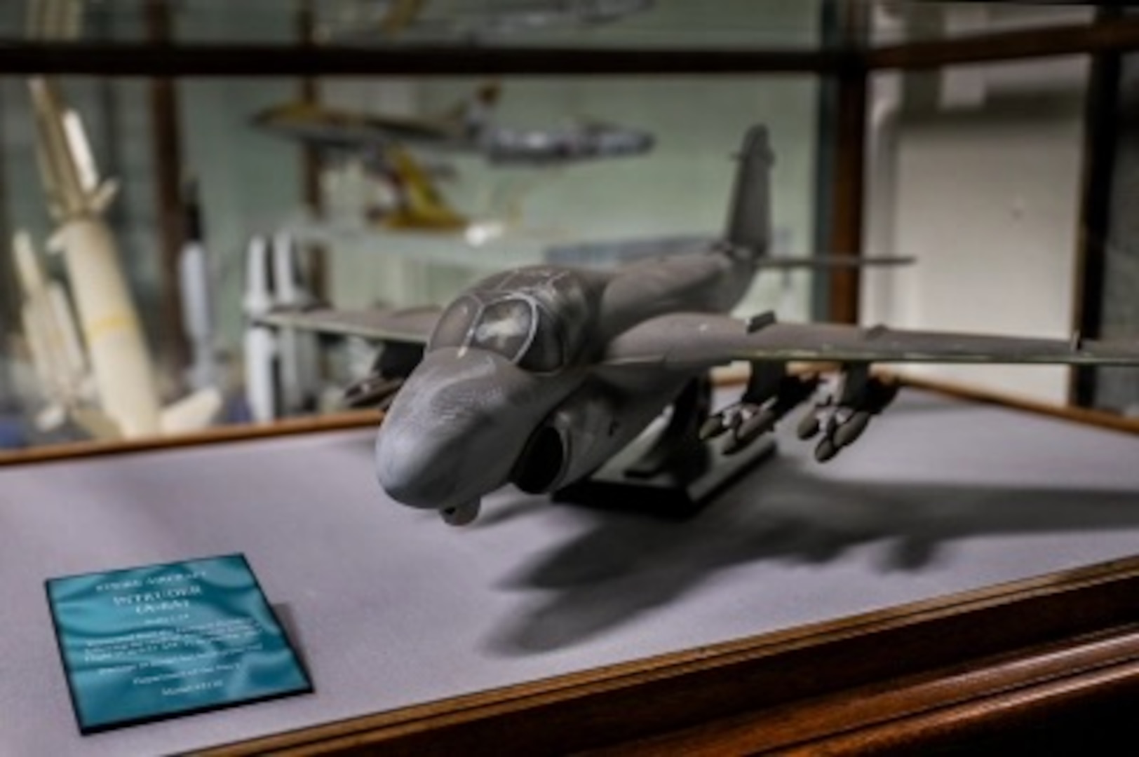 A soot-covered model of an A-6 Intruder recovered from the Pentagon following the Sept. 11, 2001, terrorist attack is preserved by the Department of the Navy Ship Model Program at Naval Surface Warfare Center, Carderock Division.