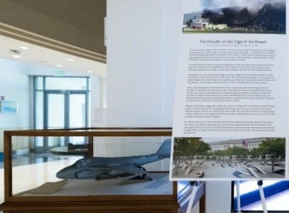 A soot-covered model of an A-6 Intruder recovered from the Pentagon following the Sept. 11, 2001, terrorist attack is preserved by the Department of the Navy Ship Model Program at Naval Surface Warfare Center, Carderock Division.