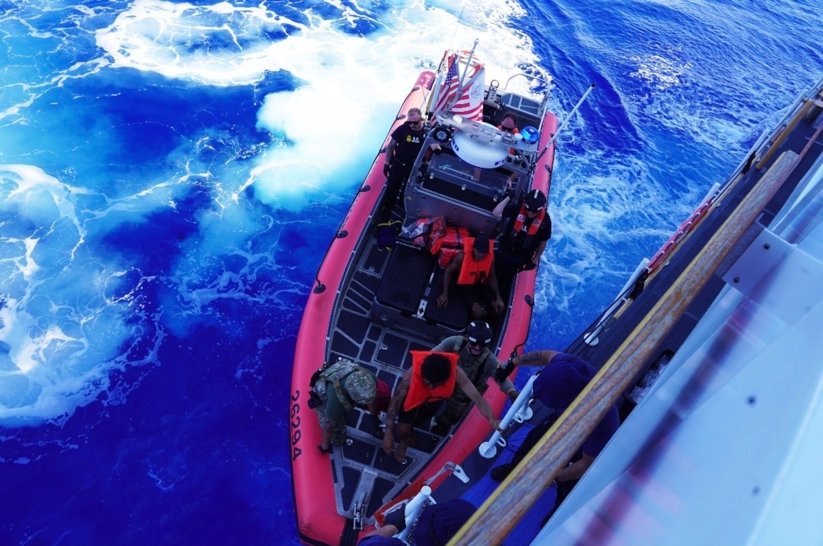 A Coast Guard Cutter Pablo Valent (WPC-1148) small boat crew transfers aliens from a vessel to the ship 13 miles off Elbow Cay, The Bahamas, Sep. 3, 2026. The aliens were repatriated to Cuba on Sept. 10, 2026. (U.S. Coast Guard photo)