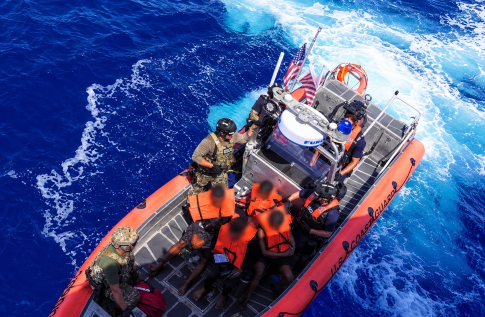 A Coast Guard Cutter Pablo Valent (WPC-1148) small boat crew transfers aliens from a vessel to the ship 13 miles off Elbow Cay, The Bahamas, Sep. 3, 2026. The aliens were repatriated to Cuba on Sept. 10, 2026. (U.S. Coast Guard photo)
