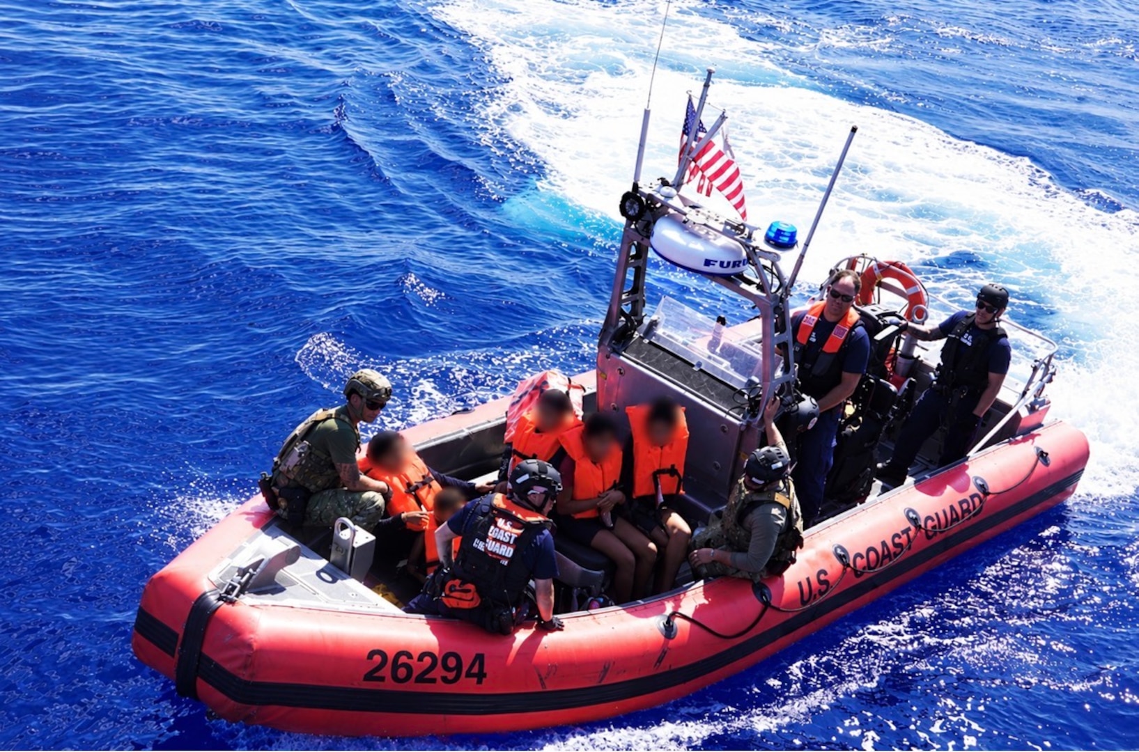 A Coast Guard Cutter Pablo Valent (WPC-1148) small boat crew transfers aliens from a vessel to the ship 13 miles off Elbow Cay, The Bahamas, Sep. 3, 2026. The aliens were repatriated to Cuba on Sept. 10, 2026. (U.S. Coast Guard photo)