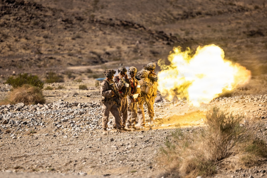 U.S. Marines with Golf Company, 2nd Battalion, 1st Marine Regiment, 1st Marine Division, fire an M3E1 multipurpose anti-armor anti-personnel weapon system during a platoon-level urban assault as part of Service Level Training Exercise 4-26 at Marine Corps Air-Ground Combat Center Twentynine Palms, California, Sept. 1, 2026. SLTE is designed to be a challenging, realistic training exercise that produces combat-ready forces capable of operating as an integrated Marine Air-Ground Task Force across all domains of military operations. (U.S. Marine Corps photo by Sgt. Vincent Needham)