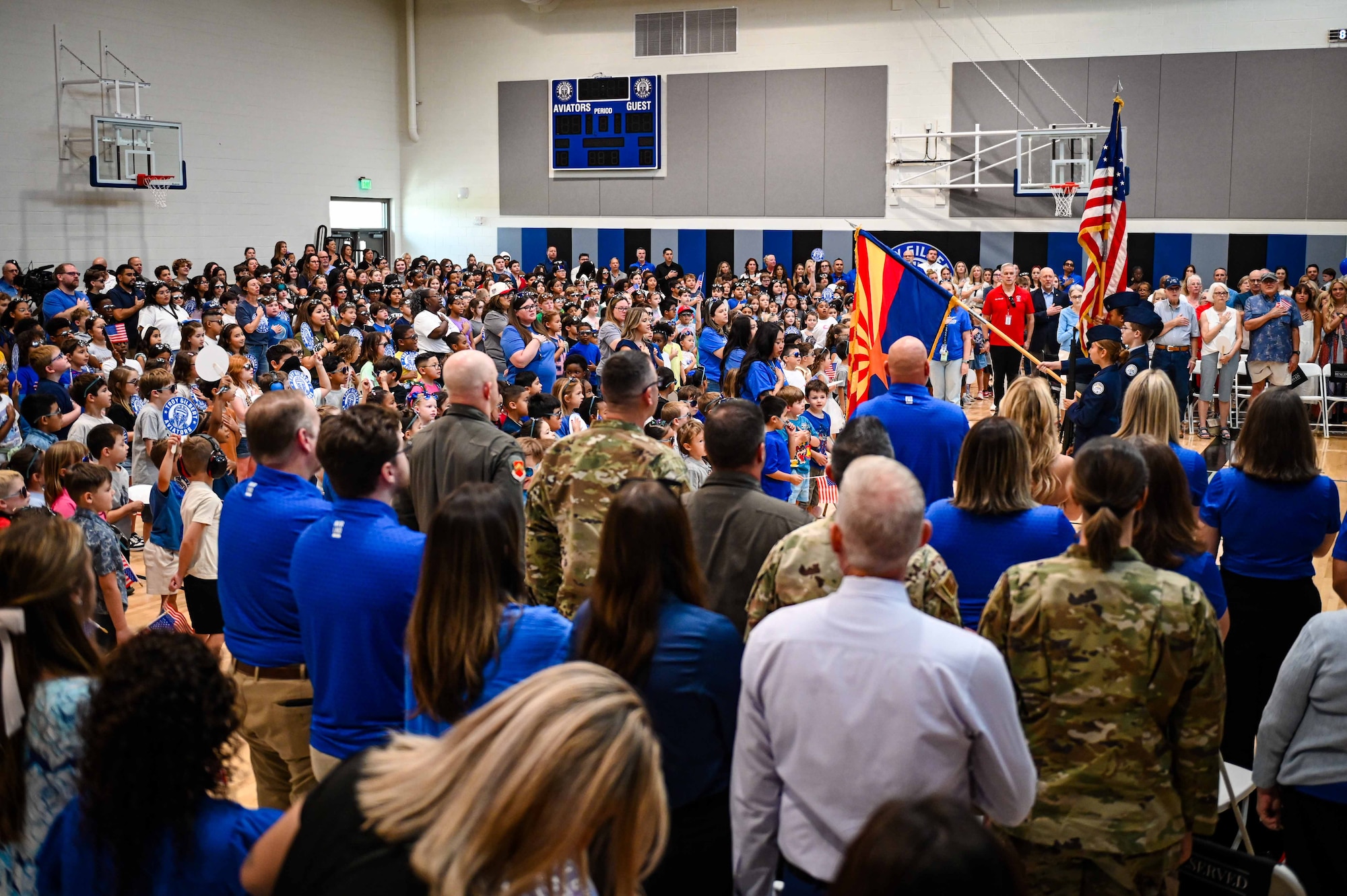 Students, staff and guests gather for the ribbon-cutting ceremony of Troy Gilbert Elementary School in Waddell, Arizona, Aug. 28, 2026. The opening of the new elementary school near Luke Air Force Base strengthened the connection between the installation and its surrounding community while creating another vital resource of support for Airmen and their families. (U.S. Air Force photo by Senior Airman Albert Morel)