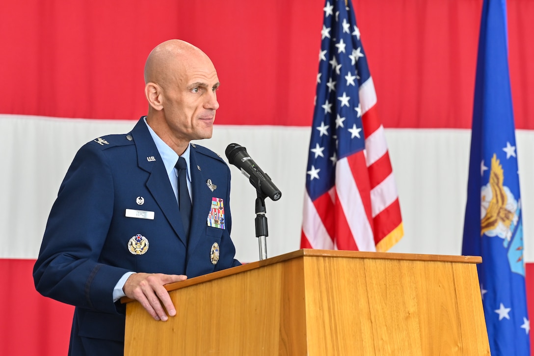 U.S. Air Force Col. Erick Lord, 28th Bomb Wing commander, speaks during the B-21 Integration Detachment 1 unit activation and assumption of command ceremony
