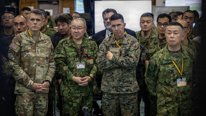 U.S. Army Lt. Gen. Matthew W. McFarlane, commanding general of I Corps, left, Japan Ground Self-Defense Force Lt. Gen. Seiji Toriumi, commanding general of Western Army, center left, U.S. Marine Corps Lt. Gen. Benjamin T. Watson, commanding general of III Marine Expeditionary Force, center right, and JGSDF Gen. Masayoshi Arai, Chief of Staff for the JGSDF, observe bilateral operational capabilities during Exercise Yama Sakura 91 at JGSDF Camp Kengun, Kumamoto, Japan, Sept. 6, 2026