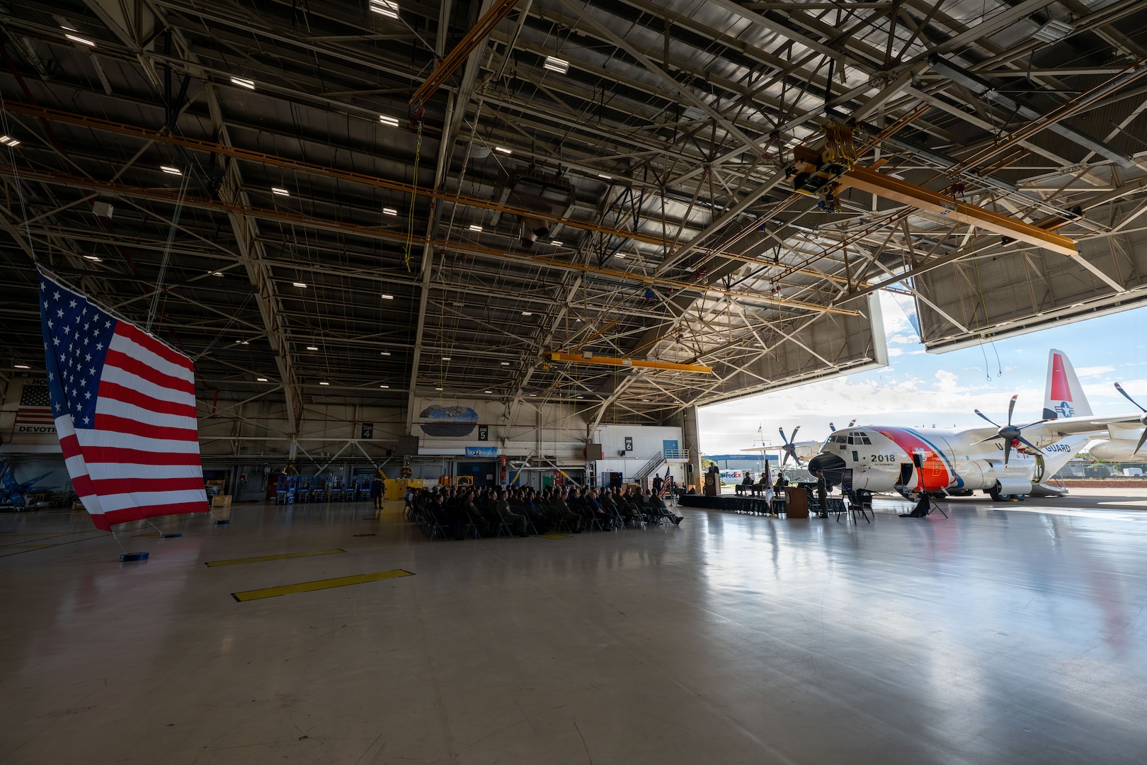 U.S. Coast Guard Air Station Sacramento commemorates the delivery of the first HC-130J Super Hercules aircraft in McClellan Park, California, Sept. 10, 2026. The HC-130J provides heavy air transport and long-range maritime patrol capabilities. The aircraft’s missionized configuration provides intelligence, surveillance and reconnaissance capabilities that enable the Coast Guard to save lives; control, secure and defend U.S. borders and maritime approaches; facilitate commerce; and respond to crises and contingencies. (U.S. Coast Guard photo by Petty Officer 3rd Class Joel LaVallee)