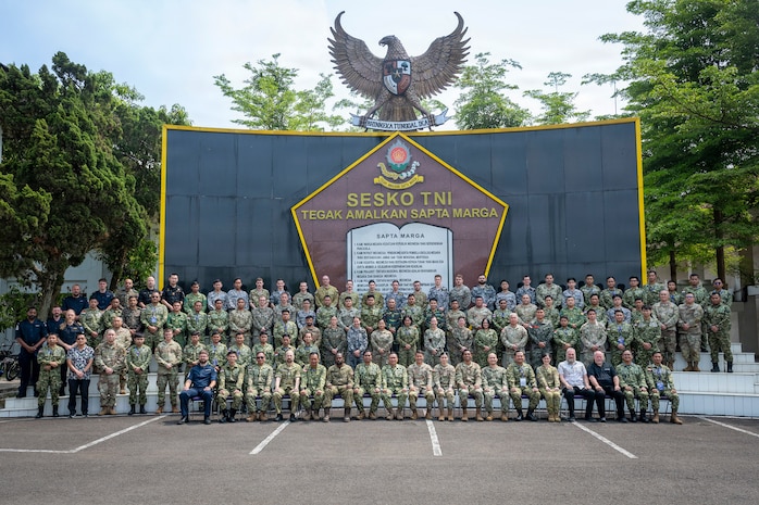 Group photo featuring Cyber Excercise participants at the Indonesian Armed Forces Staff and Command School during Super Garuda Shield 26 in Bandung, Indonesia, Sep. 10, 2026.