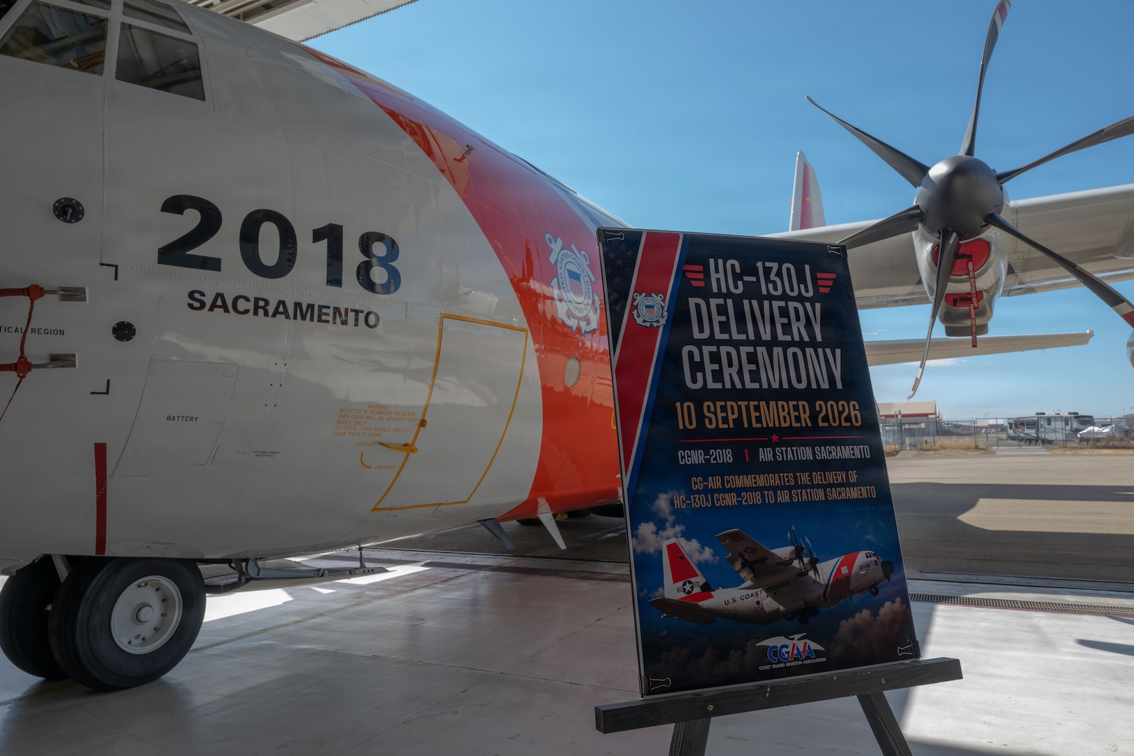 U.S. Coast Guard Air Station Sacramento hosts a ceremony commemorating the delivery of the unit’s first HC-130J Super Hercules aircraft in McClellan Park, California, Sept. 10, 2026. The HC-130J provides heavy air transport and long-range maritime patrol capabilities. The aircraft’s missionized configuration provides intelligence, surveillance and reconnaissance capabilities that enable the Coast Guard to save lives; control, secure and defend U.S. borders and maritime approaches; facilitate commerce; and respond to crises and contingencies. (U.S. Coast Guard photo by Petty Officer 3rd Class Joel LaVallee)