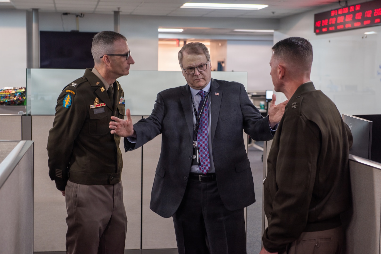 Brian D. Birdwell, right, assistant secretary of War for sustainment, speaks with U.S. Army Maj. Gen. Lance G. Curtis, commander of the Personal Property Activity, during a tour of the PCS call center at Scott Air Force Base, Illinois, Sept. 9, 2026. Birdwell, who previously served in the U.S. Army, shared stories of his own PCS successes and challenges, highlighting his commitment to improving the process.