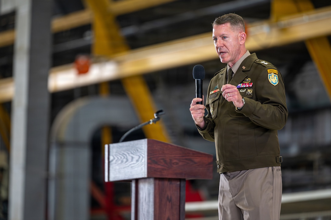 U.S. Army Maj. Gen. Lance G. Curtis, commander of the Personal Property Activity, delivers remarks during an activation ceremony at Scott Air Force Base, Illinois, Sept. 9, 2026. Curtis challenged PPA members to accept hard tasks for the benefit of all service members.