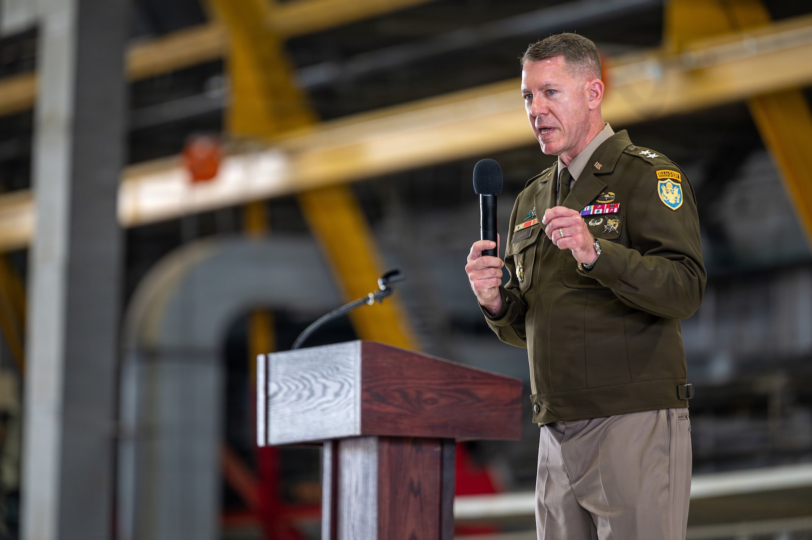 U.S. Army Maj. Gen. Lance G. Curtis, commander of the Personal Property Activity, delivers remarks during an activation ceremony at Scott Air Force Base, Illinois, Sept. 9, 2026. Curtis challenged PPA members to accept hard tasks for the benefit of all service members.