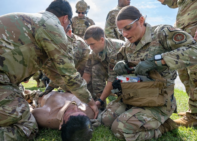 A U.S. Air Force medic assigned to the 31st Air Task Force treats a simulated casualty during an aeromedical evacuation exercise at Hurlburt Field, Florida, Aug. 6, 2026. Air Force Special Operations Command’s Tactical Operations Medical Skills Lab brought expertise from across the command to run the week-long event, preparing military medics to save lives in high-threat areas with limited supplies. (U.S. Air Force photo by Senior Airman Isabel Tanner)