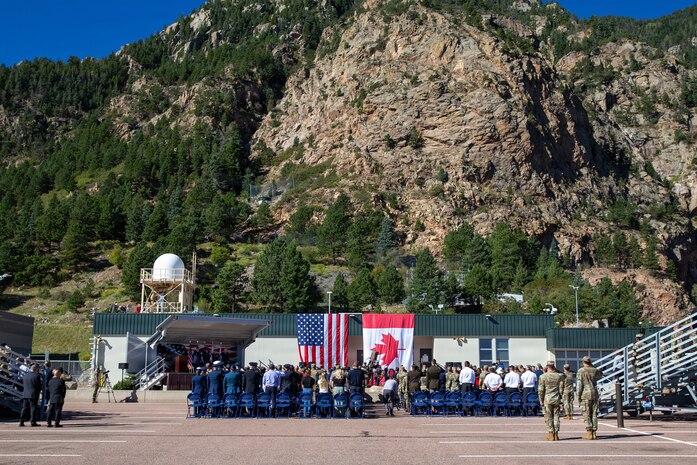 Service members, guests, and community leaders from the U.S. and Canada attend a 9/11 Commemoration Ceremony at the 9/11 Memorial on Cheyenne Mountain Space Force Base, Colorado, Sept. 11, 2026