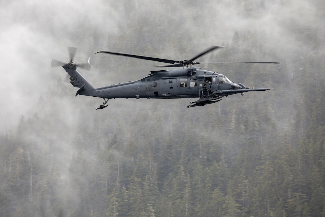 U.S. Air Force HH-60W Jolly Green II aviators assigned to the 210th Rescue Squadron, 176th Wing, Alaska Air National Guard, conduct flight operations while responding to a simulated medical emergency during SAREX 2026 near Sitka, Alaska, April 16, 2026.
