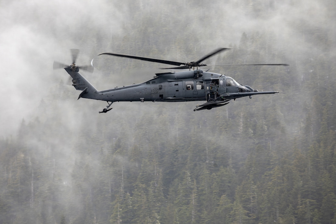 U.S. Air Force HH-60W Jolly Green II aviators assigned to the 210th Rescue Squadron, 176th Wing, Alaska Air National Guard, conduct flight operations while responding to a simulated medical emergency during SAREX 2026 near Sitka, Alaska, April 16, 2026.