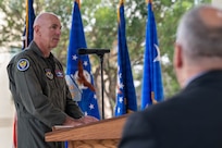 U.S. Air Force Lt. Gen. Clark Quinn, Commander, Air Education and Training Command, speaks at a 9/11 remembrance ceremony at Cadet Circle on Joint Base San Antonio-Randolph, Texas, Sept. 11, 2026.