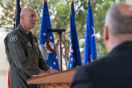 U.S. Air Force Lt. Gen. Clark Quinn, Commander, Air Education and Training Command, speaks at a 9/11 remembrance ceremony at Cadet Circle on Joint Base San Antonio-Randolph, Texas, Sept. 11, 2026.