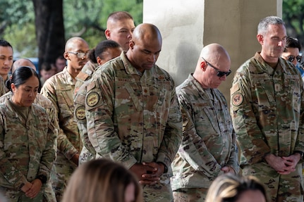 U.S. Air Force Lt. Gen. Clark Quinn, Commander, Air Education and Training Command, speaks at a 9/11 remembrance ceremony at Cadet Circle on Joint Base San Antonio-Randolph, Texas, Sept. 11, 2026.