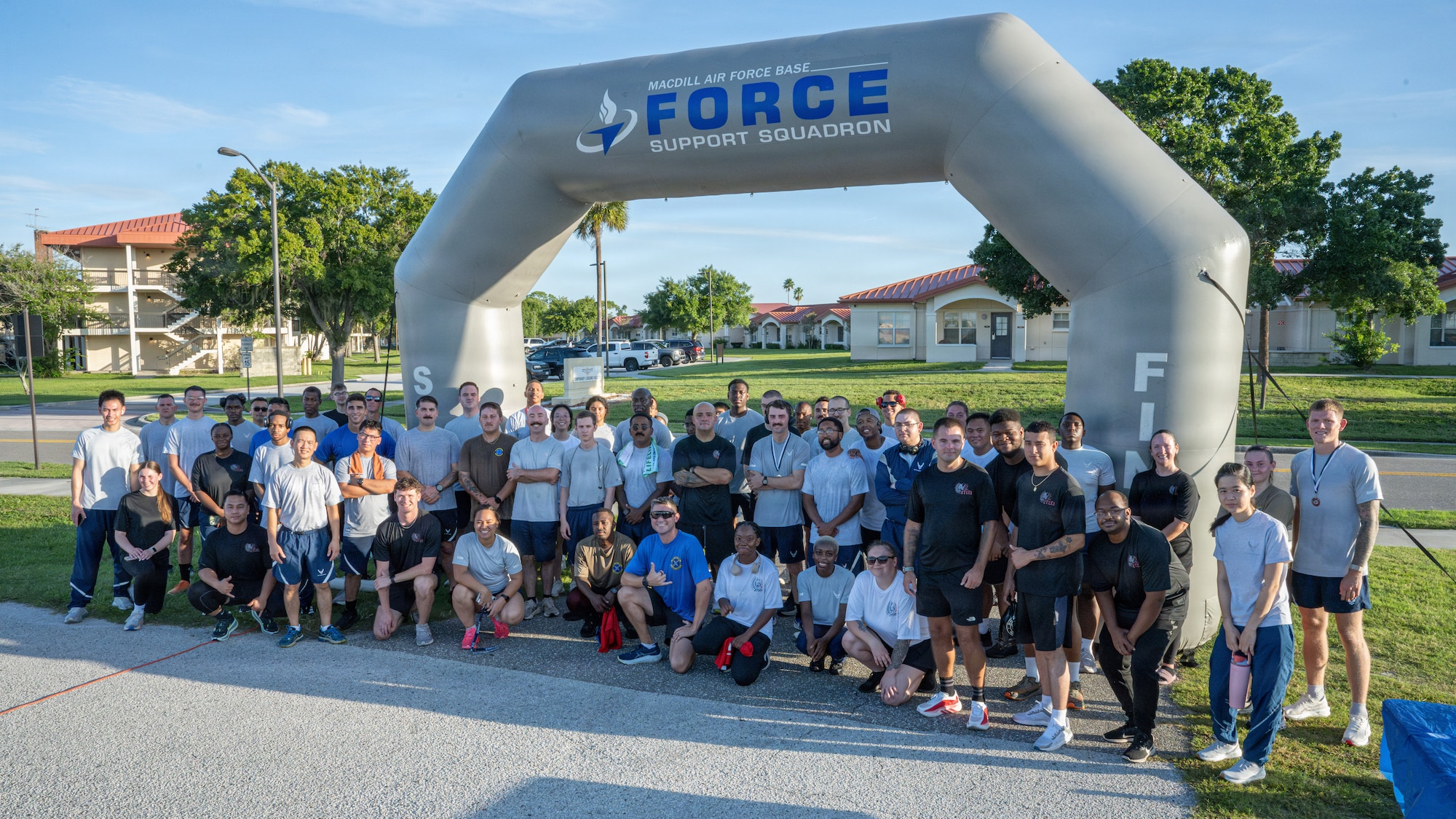 U.S. Air Force Airmen from the 6th Logistics Readiness Squadron pose for a group photo after the Rhino Memorial 5K at MacDill Air Force Base, Florida, Aug. 31, 2026. The annual commemorative event is dedicated to honoring the lives, service and ultimate sacrifice of fallen U.S. Air Force Vehicle Operations/Ground Transportation personnel, known across the service as "Rhinos." (U.S. Air Force photo by Airman 1st Class Helen Ly)