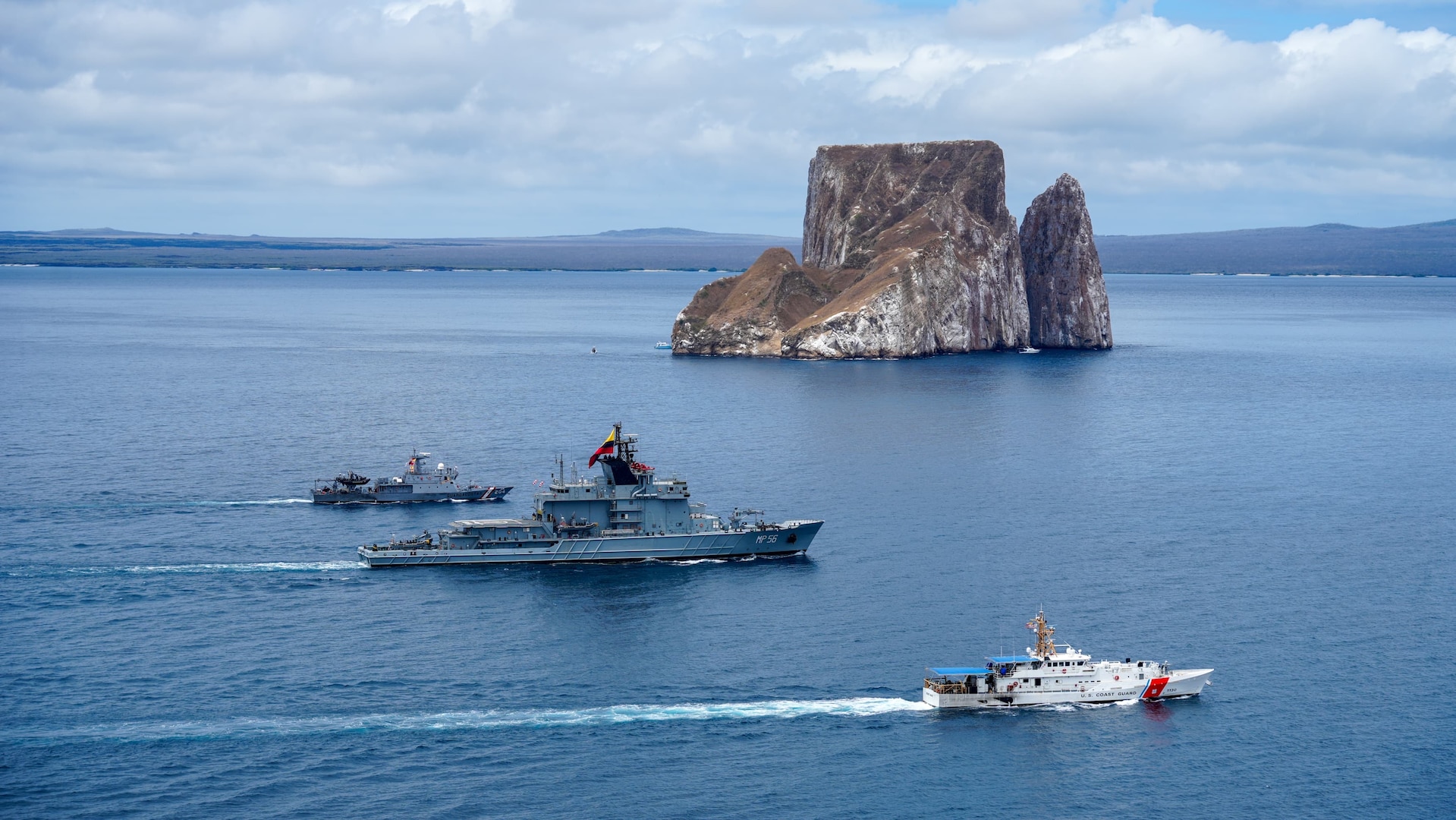 Coast Guard Cutter Robert Ward (WPC 1130), Ecuadorian Navy offshore patrol vessel BAE Jambeli and Peruvian Navy patrol boat BAP Rio Pativilca transit in formation during a multinational maritime military exercise off the coast of San Cristobal Island, Ecuador, Aug. 24, 2026. The event highlighted the strategically vital relationship and commitment to maritime security between multiple nations in the Eastern Pacific region. (U.S. Coast Guard Courtesy Photo)
