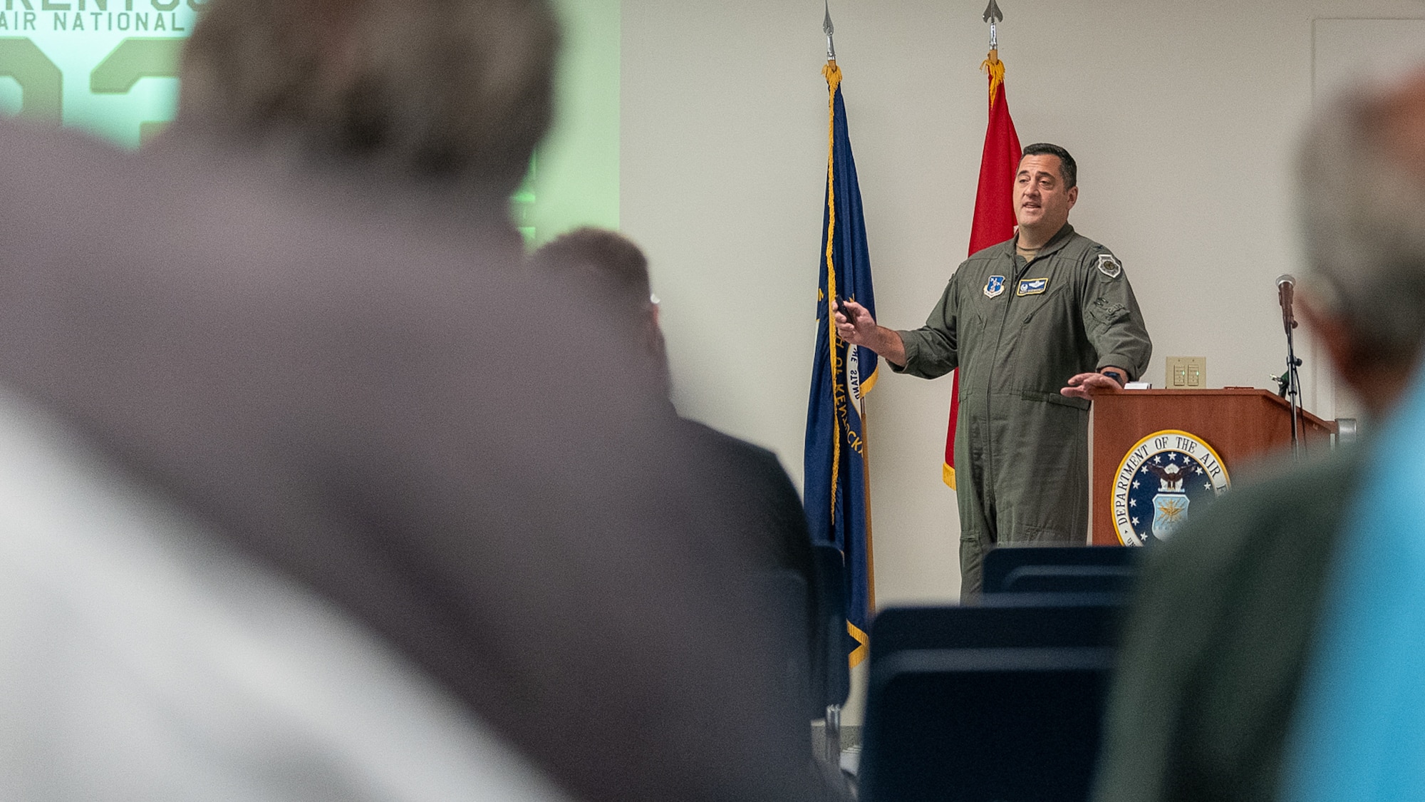 U.S. Air Force Col. Matthew Quenichet, commander of the 123rd Airlift Wing, speaks to a group of civilian employers at the Kentucky Air National Guard Base in Louisville, Ky., Sept. 10, 2026, as part of an Employer Support of the Guard and Reserve Bosslift. The event gave employers an opportunity to tour the base, fly on a Kentucky Air Guard C-130J Super Hercules aircraft and visit the National Museum of the United States Air Force in Dayton, Ohio, providing them with a better understanding of the Air National Guard mission and the role their employees play in it as part-time Airmen in the Kentucky Guard and reservists of the United States Air Force. (U.S. Air National Guard photo by Phil Speck)