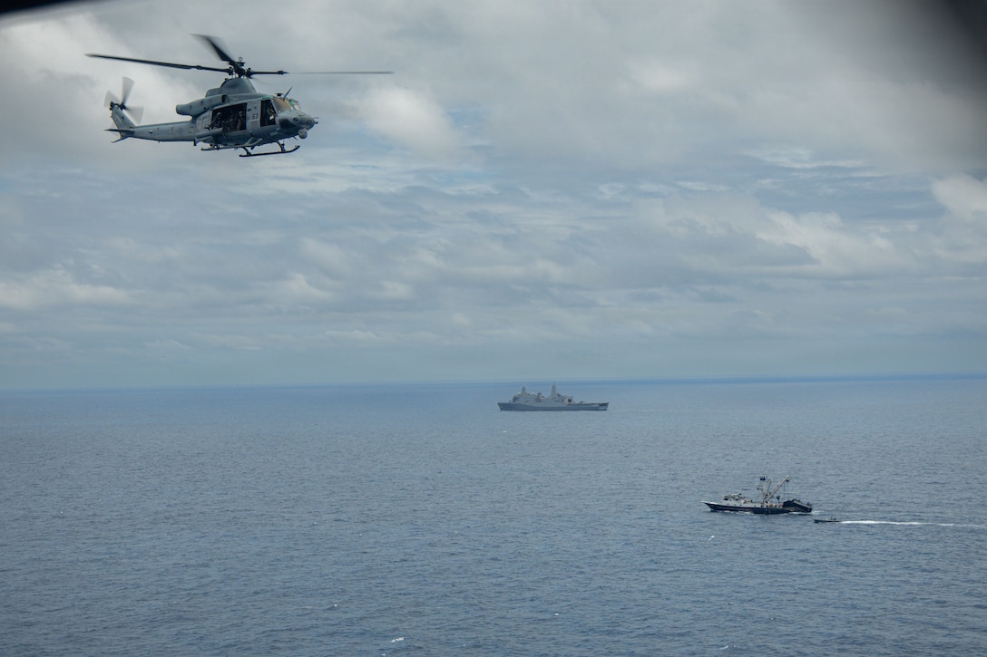 A U.S. Marine Corps UH-1Y Venom with Marine Medium Tiltrotor Squadron (VMM) 365 (Reinforced), Littoral Combat Force-24, flies over a Maritime Interdiction Operation while in the Pacific Ocean, Sept. 07, 2026. The vessel of interest was boarded and cleared before being destroyed. U.S. military forces are deployed to the U.S. Southern Command area of responsibility in support of Joint Task Force Western Hemisphere, Department of War-directed operations, and the President's priorities to disrupt illicit drug trafficking, deter malign actors and protect the homeland through continuous presence. (U.S. Marine Corps photo)