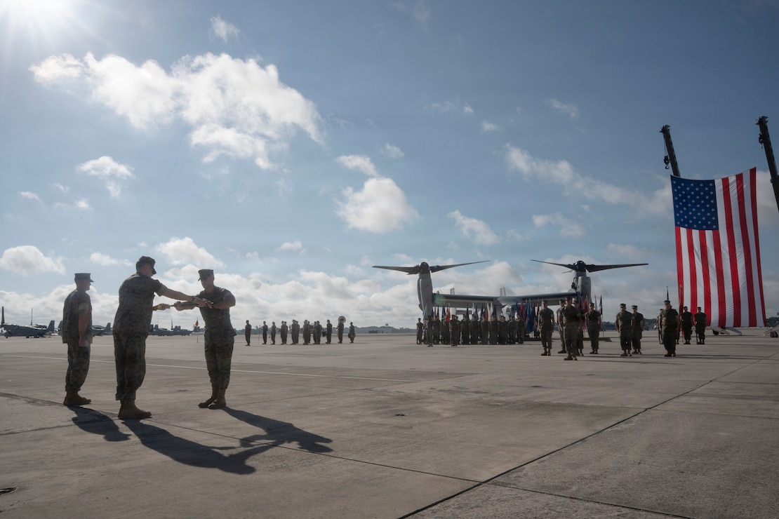 U.S. Marine Corps Sgt. Maj. Joshua LeBlanc, right, from Hawaii, the incoming command senior enlisted leader with Marine Aviation Logistics Squadron (MALS) 26, 2nd Marine Aircraft Wing, receives the sword of office from Lt. Col. Michael Jones, the commanding officer of MALS-26, during a relief and appointment ceremony at Marine Corps Air Station New River, North Carolina, Sept. 4, 2026. The ceremony represented the transfer of authority, accountability and leadership from Sgt. Maj. Matthew Fraley, from Michigan, the outgoing command senior enlisted leader MALS-26, to LeBlanc. (U.S. Marine Corps photo by Staff Sgt. Maximiliano Rosas)