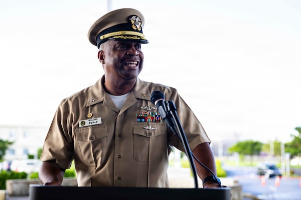 Capt. Richard Gilliard Jr., commanding officer, Navy Medicine Readiness and Training Command (NMRTC) Okinawa, addresses the crew during a morning colors ceremony on Camp Foster, Okinawa, Japan, Sept. 11, 2026. The ceremony commemorated the 25th anniversary of the 9/11 attacks. (U.S. Navy photo by Mass Communication Specialist 1st Class Simon Pike)
