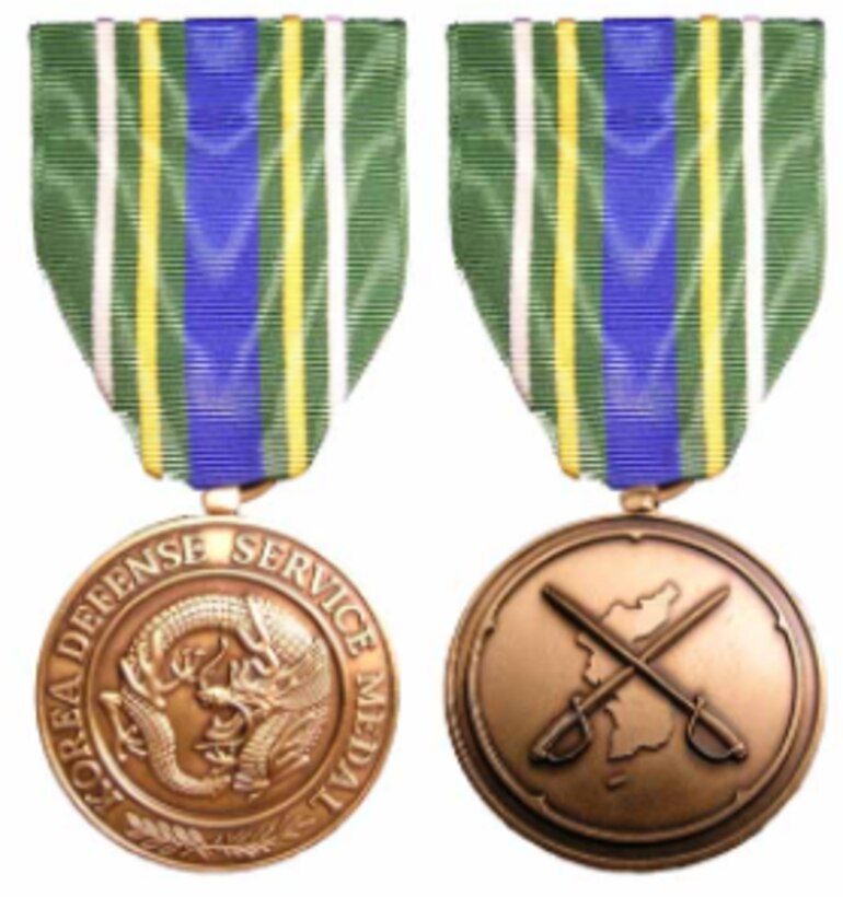 a. The Korea Defense Service Medal was established by Section 543 of the 2003 National Defense Authorization Act (PL 107-314) signed into law by President George W. Bush on December 2, 2002. b. The Korea Defense Service Medal is awarded for qualifying service on or after July 28, 1954.
c. The Korean Defense Service Medal is worn after the Global War on Terrorism Service Medal and before the Armed Forces Service Medal.
d. No devices are authorized for this medal: only one award of the KDSM is authorized for any individual.