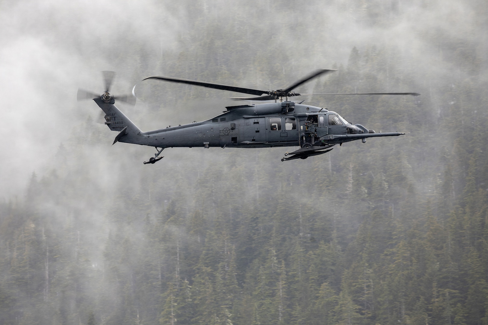 U.S. Air Force HH-60W Jolly Green II aviators assigned to the 210th Rescue Squadron, 176th Wing, Alaska Air National Guard, conduct flight operations while responding to a simulated medical emergency during SAREX 2026 near Sitka, Alaska, April 16, 2026.
