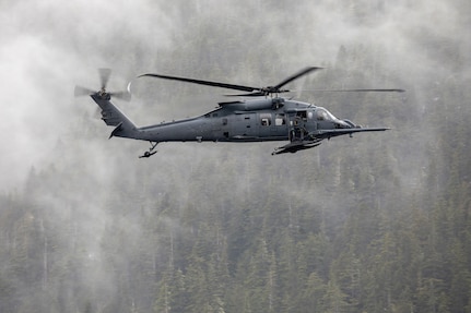 U.S. Air Force HH-60W Jolly Green II aviators assigned to the 210th Rescue Squadron, 176th Wing, Alaska Air National Guard, conduct flight operations while responding to a simulated medical emergency during SAREX 2026 near Sitka, Alaska, April 16, 2026.