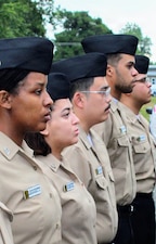 Active-duty personnel stand in formation at Navy Medicine Readiness and Training Command (NMRTC) Patuxent River during a Sept. 11, 2026, commemoration ceremony to honor the 2,977 lives lost during the 2001 attacks and reflect on the strength and resilience that followed. With over 40 percent of the active-duty Navy born in 2001 or later, the observance provided vital historical context regarding the 2001 terrorist attacks