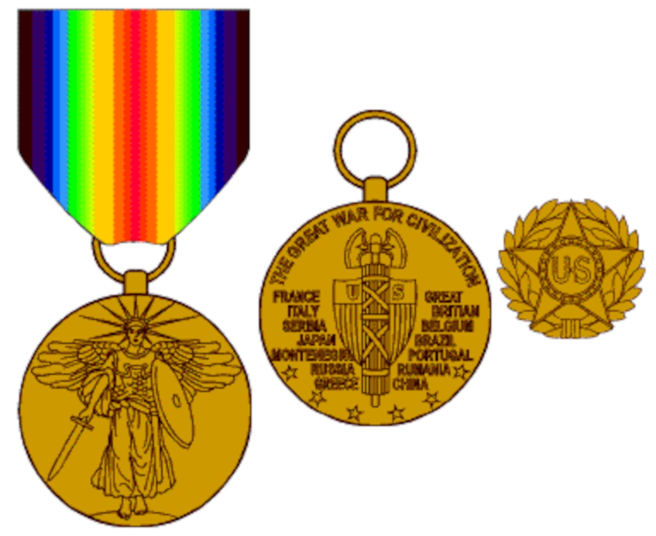 a. The medal was established by an Act of Congress, 1919, and promulgated by War Department General Orders 48, 1919, which was rescinded by War Department General Orders 83, 30 Jun 1919.
b. The 14 Allied Nations decided on a single ribbon, but pendant design was left up to each Nation. Mr. James E. Fraser was the designer of the U.S. Victory Medal.
c. The Victory Medal ribbon pattern is used in thirteen streamers displayed on the Army flag to represent World War I service. The inscriptions for the streamers displayed on the Army flag are listed in AR 840-10.