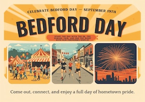 Graphic with Bedford Day and graphics of a carnival, runners, and fireworks.