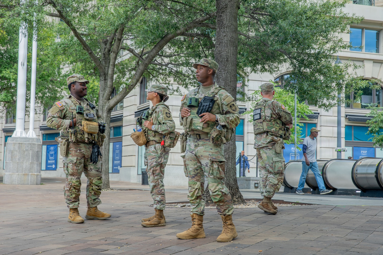 U.S. Soldiers with the Alabama National Guard, assigned to Joint Task Force-District of Columbia, or JTF-DC, in support of the DC Safe and Beautiful mission, patrol at the Navy Memorial in Washington, Sept. 10, 2026.