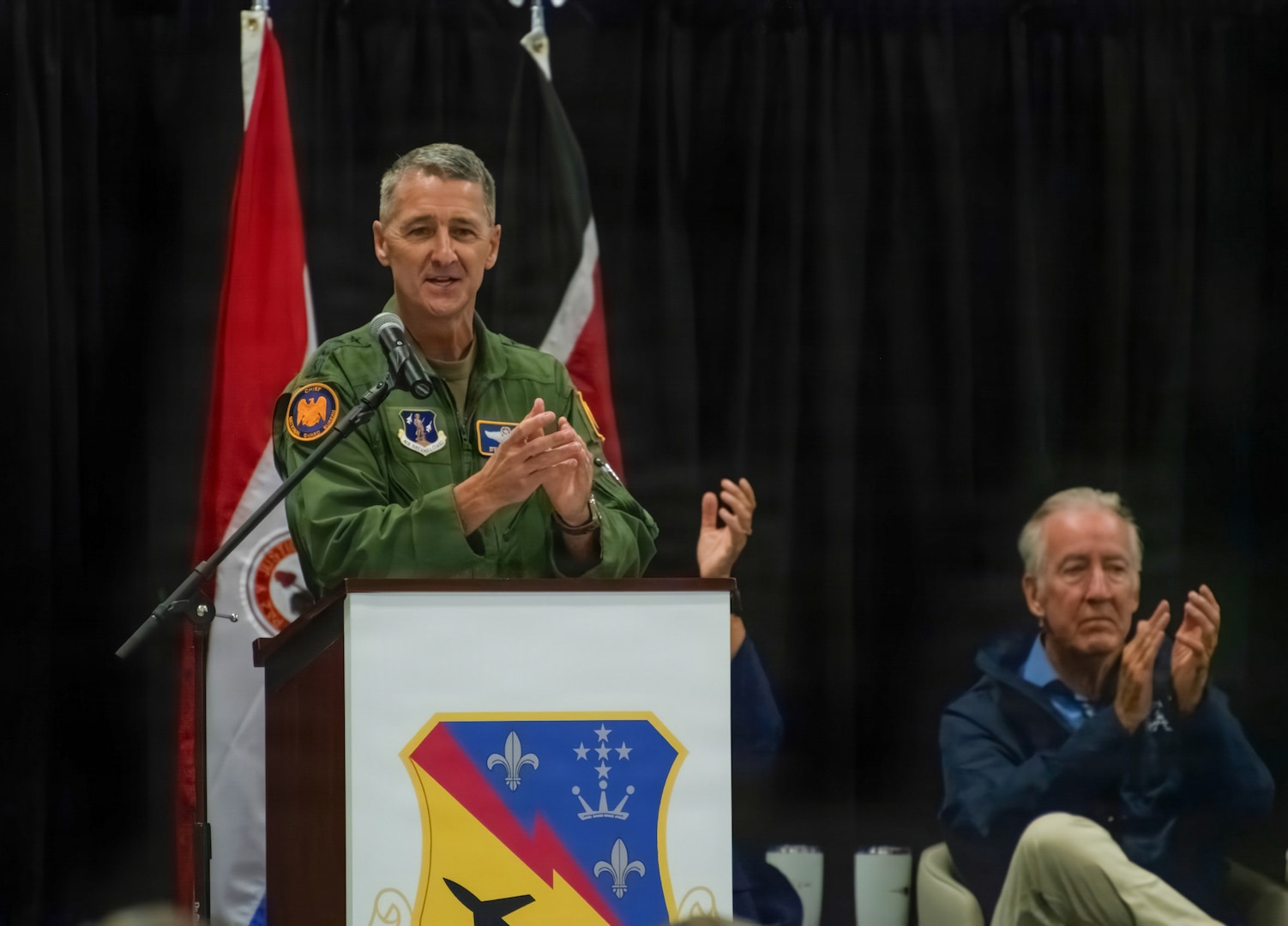 U.S. Air Force Gen. Steven Nordhaus, chief of the National Guard Bureau, congratulates 104th Fighter Wing Airmen on the culmination of their efforts in bringing the F-35 to Barnes during a ceremony at Barnes Air National Guard Base, Westfield, Massachusetts, Sept. 13 2026.