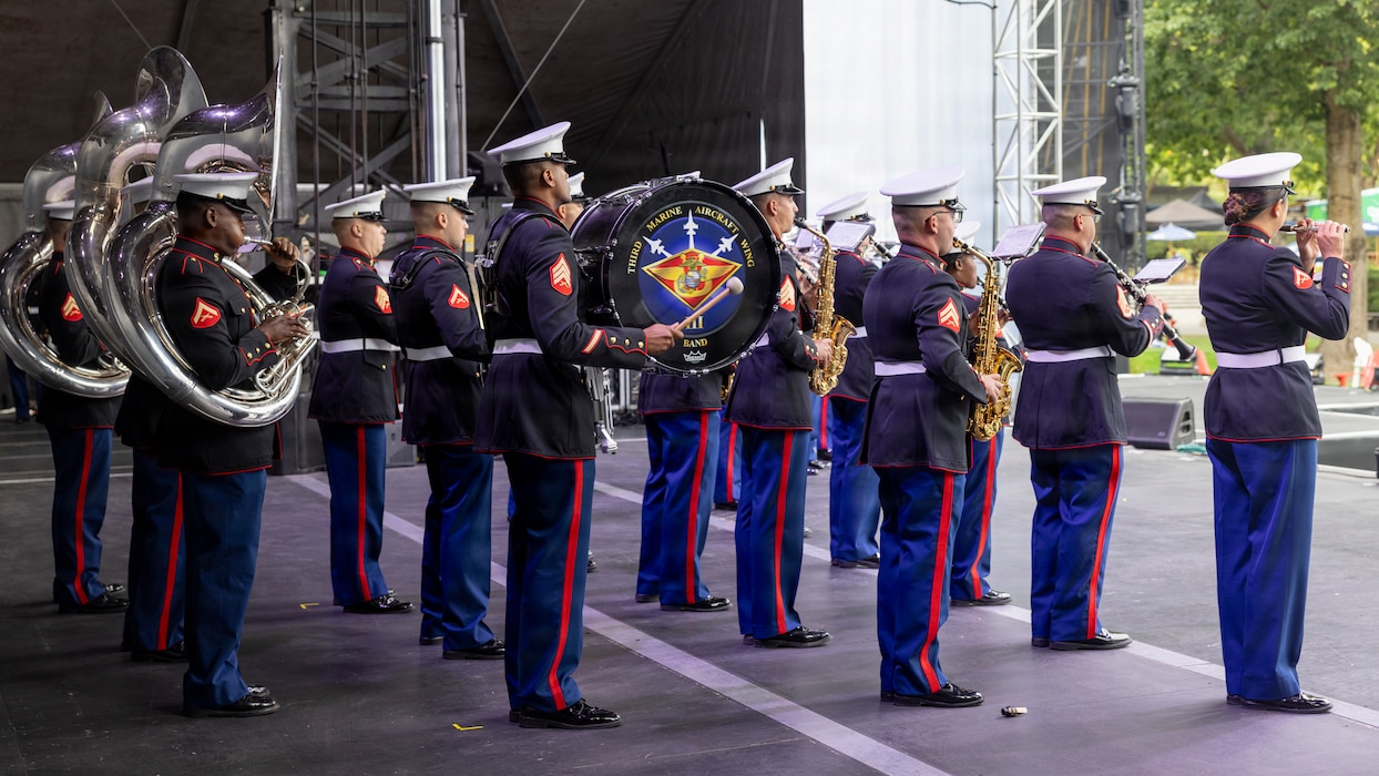U.S. Marines with the 3rd Marine Aircraft Wing Band perform during a stage show at the 2026 British Columbia Tattoo in Vancouver, British Columbia, Aug. 22, 2026. The British Columbia Tattoo is an annual event that consists of performances by international military bands, singers, and dancers. The theme of this year’s tattoo was “Bonds of Friendship,” which celebrated the alliances between the U.S., Canada, and Ukraine. (U.S. Marine Corps photo by Lance Cpl. Zoey Williams)