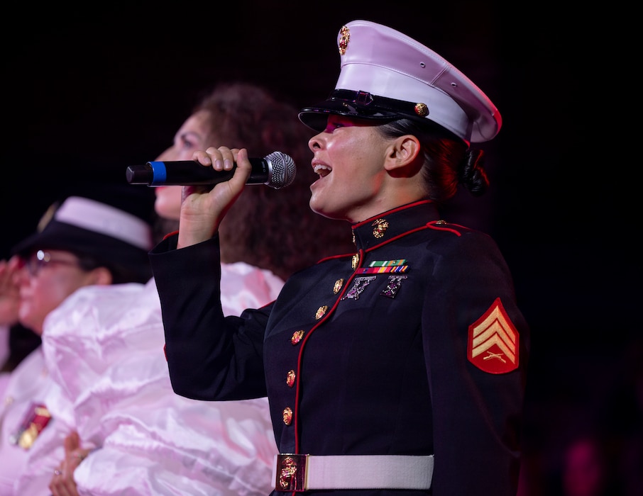 U.S. Marine Corps Sgt. Kasie Wagner, a vocalist with the 3rd Marine Aircraft Wing Band, performs at the 2026 British Columbia Tattoo in Vancouver, British Columbia, Aug. 22, 2026. The British Columbia Tattoo is an annual event that consists of performances by international military bands, singers, and dancers. The theme of this year’s tattoo was “Bonds of Friendship,” which celebrated the alliances between the U.S., Canada, and Ukraine. (U.S. Marine Corps photo by Lance Cpl. Zoey Williams)