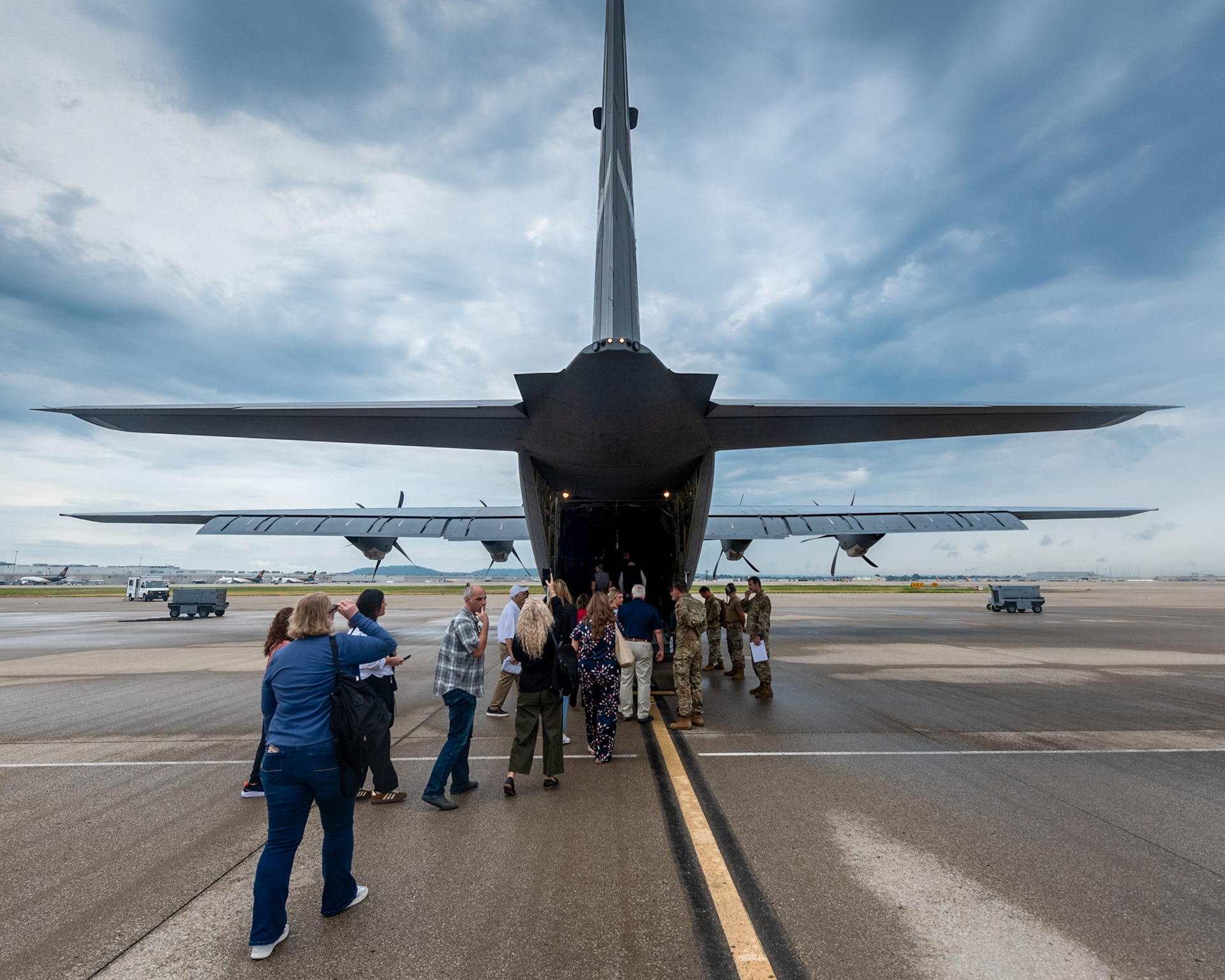 Civilian employers board a 123rd Airlift Wing C-130J Super Hercules during an Employer Support of the Guard and Reserve Bosslift at the Kentucky Air National Guard Base in Louisville, Ky., Sept. 10, 2026. The event gave employers an opportunity to tour the base and fly to the National Museum of the United States Air Force in Dayton, Ohio, providing them with a better understanding of the Air National Guard mission and the role their employees play in it as part-time Airmen in the Kentucky Guard and reservists of the United States Air Force. (U.S. Air National Guard photo by Phil Speck)