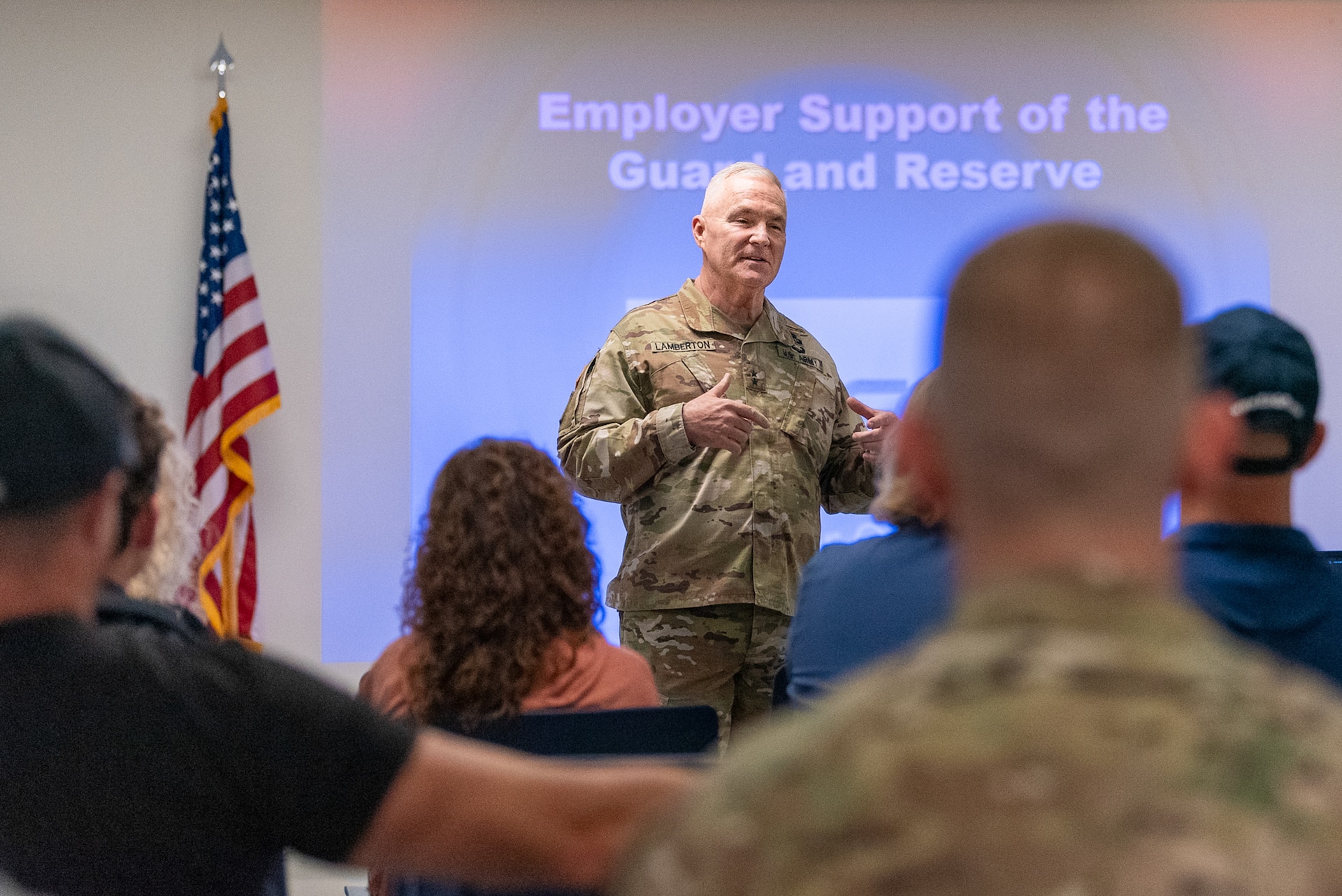 U.S. Army Maj. Gen. Haldane Lamberton, adjutant general of the Kentucky National Guard, speaks to a group of civilian employers at the Kentucky Air National Guard Base in Louisville, Ky., Sept. 10, 2026, as part of an Employer Support of the Guard and Reserve Bosslift. The event gave employers an opportunity to tour the base, fly on a Kentucky Air Guard C-130J Super Hercules aircraft and visit the National Museum of the United States Air Force in Dayton, Ohio, providing them with a better understanding of the Air National Guard mission and the role their employees play in it as part-time Airmen in the Kentucky Guard and reservists of the United States Air Force. (U.S. Air National Guard photo by Phil Speck)