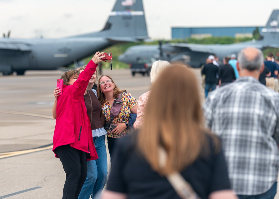 A group of civilian employers takes a selfie before boarding a 123rd Airlift Wing C-130J Super Hercules during an Employer Support of the Guard and Reserve Bosslift at the Kentucky Air National Guard Base in Louisville, Ky., Sept. 10, 2026. The event gave employers an opportunity to tour the base and fly to the National Museum of the United States Air Force in Dayton, Ohio, providing them with a better understanding of the Air National Guard mission and the role their employees play in it as part-time Airmen in the Kentucky Guard and reservists of the United States Air Force. (U.S. Air National Guard photo by Phil Speck)