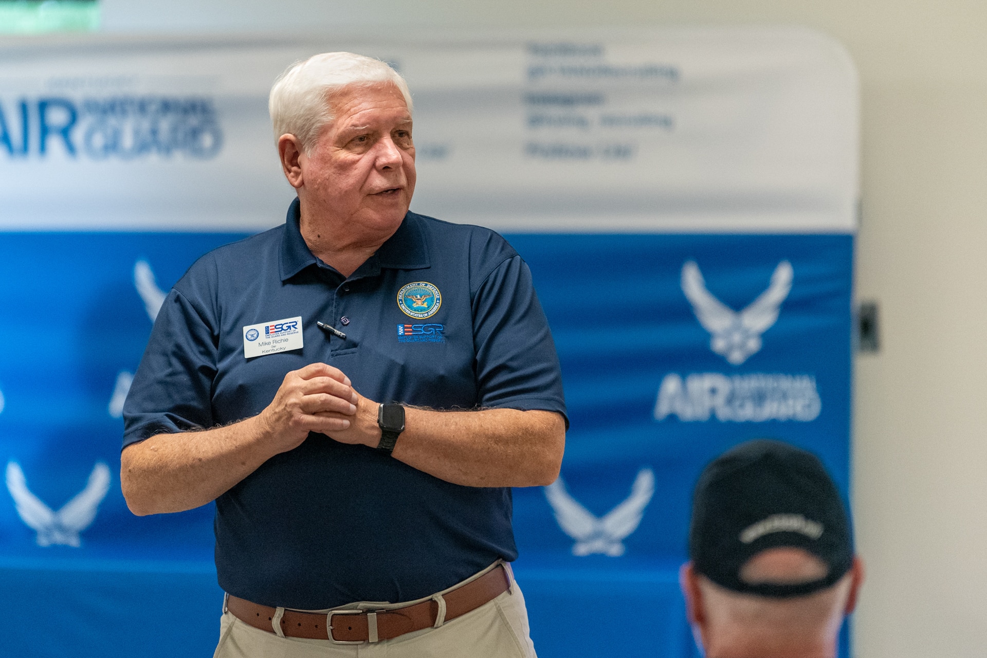 Retired U.S. Army Brig. Gen. Mike Richie, state chairperson of the Kentucky Committee for Employer Support of the Guard and Reserve, talks to a group of civilian employers at the Kentucky Air National Guard Base in Louisville, Ky., Sept. 10, 2026. The event gave employers an opportunity to tour the base, fly on a Kentucky Air Guard C-130J Super Hercules aircraft and visit the National Museum of the United States Air Force in Dayton, Ohio, providing them with a better understanding of the Air National Guard mission and the role their employees play in it as part-time Airmen in the Kentucky Guard and reservists of the United States Air Force. (U.S. Air National Guard photo by Phil Speck)