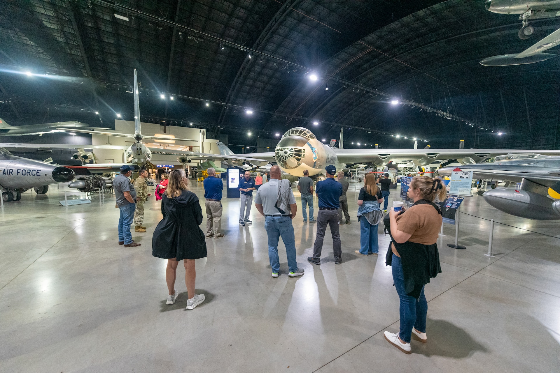 A group of civilian employers takes a tour of the National Museum of the United States Air Force in Dayton, Ohio, during an Employer Support of the Guard and Reserve Bosslift on Sept. 10, 2026. The event gave employers an opportunity to tour the Kentucky Air National Guard Base in Louisville, Ky., and fly to the museum, providing them with a better understanding of the Air National Guard mission and the role their employees play in it as part-time Airmen in the Kentucky Guard and reservists of the United States Air Force. (U.S. Air National Guard photo by Phil Speck)