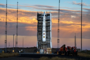 An inert LGM-35A Sentinel intercontinental ballistic missile erected on a test-ped at Vandenberg Space Force Base, Calif. The vertical integration test event, called Pathfinder, demonstrated the maturity of the missile's design and verified that all critical subsystems are on track for initial flight testing in 2027. (Northrop Grumman courtesy photo)